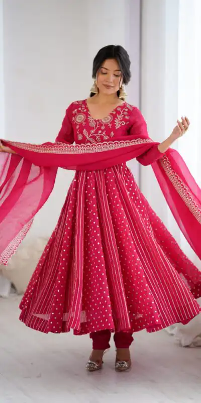 SRK 5293 Pink With Crunchy Silk With Fully Flair with Lace Work & Embroidery Work Anarkali Gown . Introductory Price ₹2149. Delivery 4-6 Worki | Bollywood Gowns, Creative Gowns, Designer Gowns, Embroidered Gowns, Gowns, Party Wear Gowns