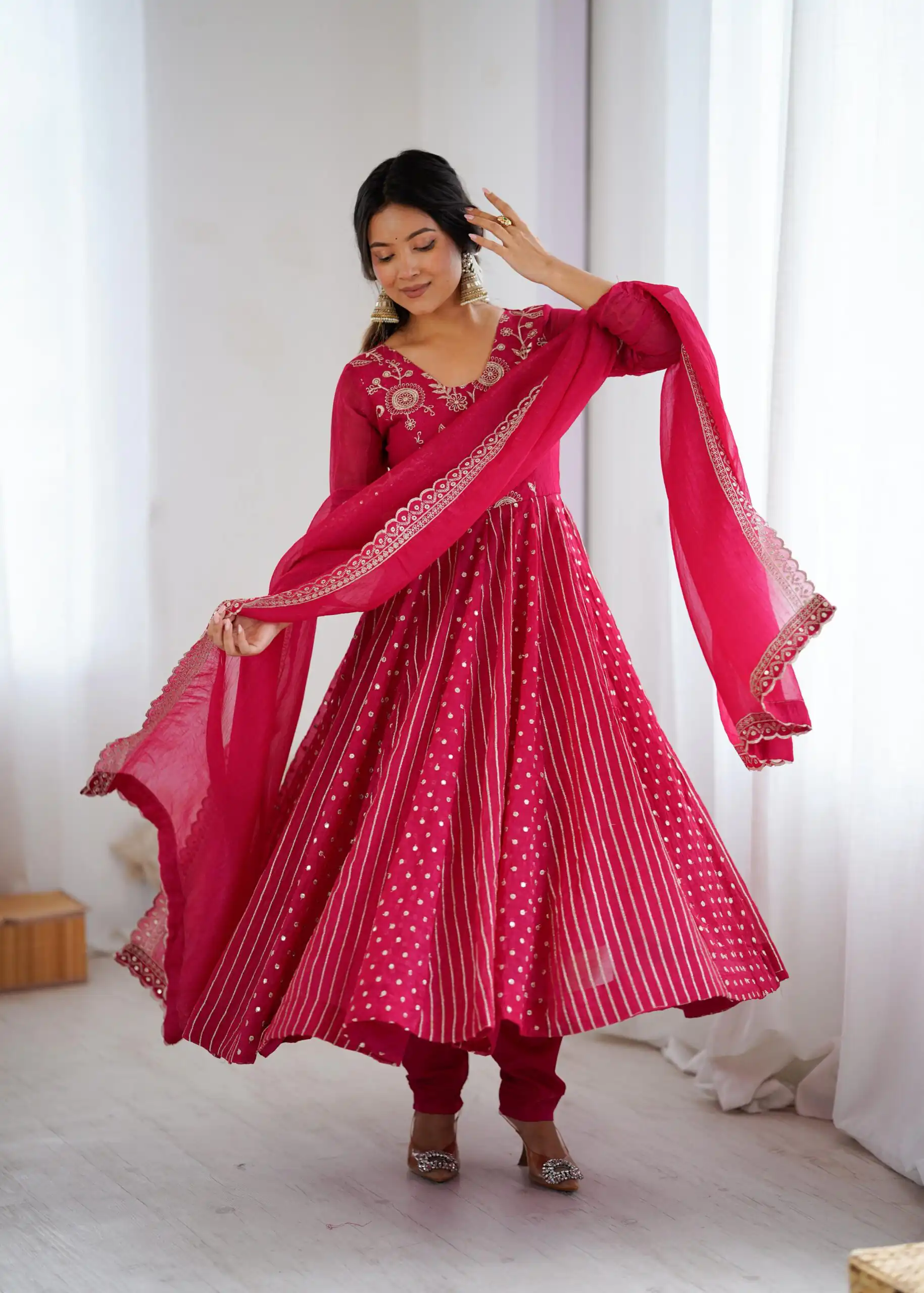 SRK 5293 Pink With Crunchy Silk With Fully Flair with Lace Work & Embroidery Work Anarkali Gown . Introductory Price ₹2149. Delivery 4-6 Worki | Bollywood Gowns, Creative Gowns, Designer Gowns, Embroidered Gowns, Gowns, Party Wear Gowns