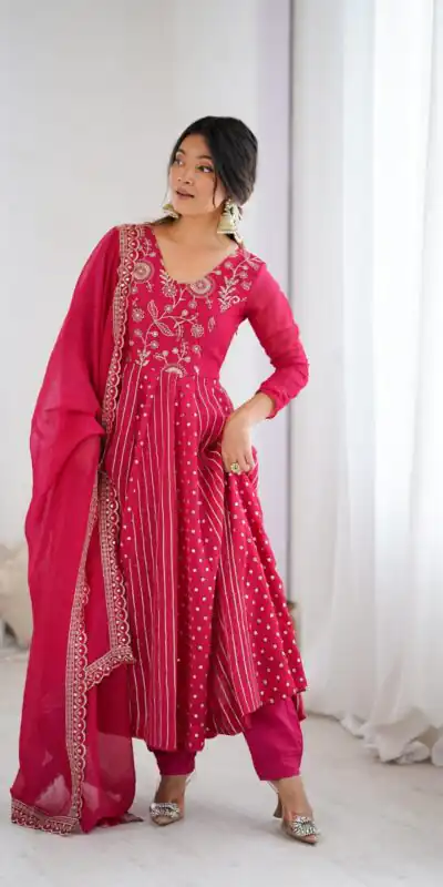 SRK 5293 Pink With Crunchy Silk With Fully Flair with Lace Work & Embroidery Work Anarkali Gown . Introductory Price ₹2149. Delivery 4-6 Worki | Bollywood Gowns, Creative Gowns, Designer Gowns, Embroidered Gowns, Gowns, Party Wear Gowns
