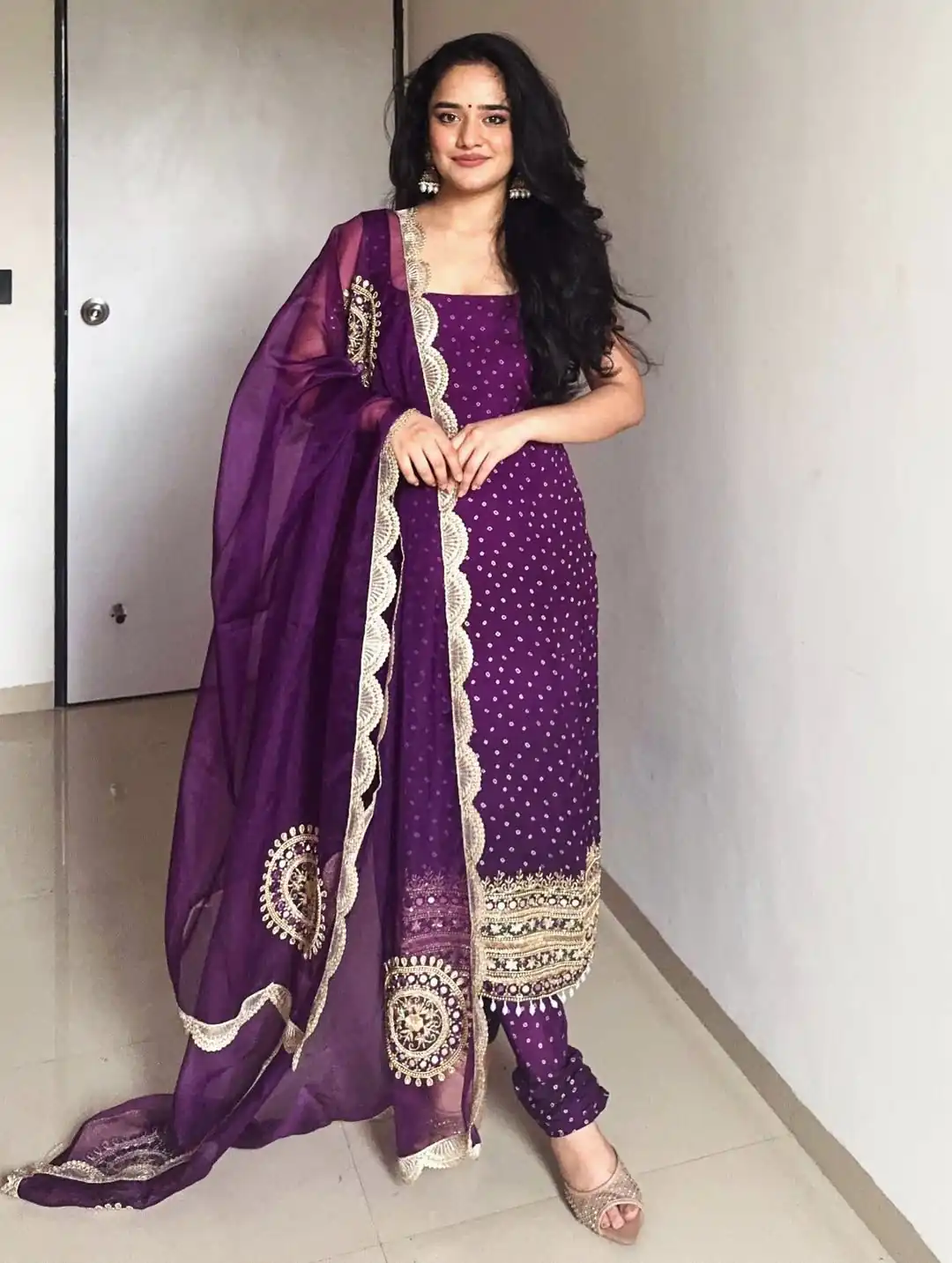 Purple Faux Georgette Mirror Embroidery Work Salwar Suit