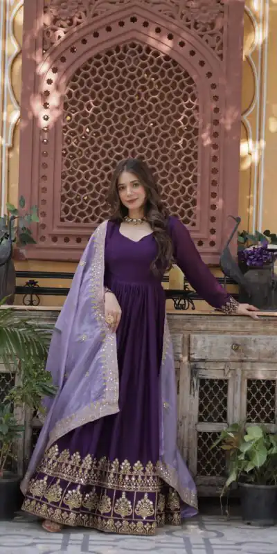 KA 1143 Purple Faux Georgette Sequence Work Gown Gown. Wedding, Party, Festive, Events Grab it for ₹2649. Delivery 4-6 Working Days. Shop now. | Bollywood Gowns, Creative Gowns, Designer Gowns, Embroidered Gowns, Gowns, Party Wear Gowns