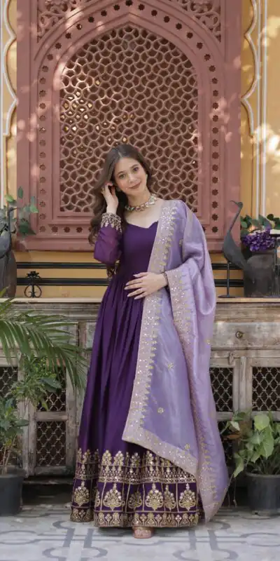 KA 1143 Purple Faux Georgette Sequence Work Gown Gown. Wedding, Party, Festive, Events Grab it for ₹2649. Delivery 4-6 Working Days. Shop now. | Bollywood Gowns, Creative Gowns, Designer Gowns, Embroidered Gowns, Gowns, Party Wear Gowns