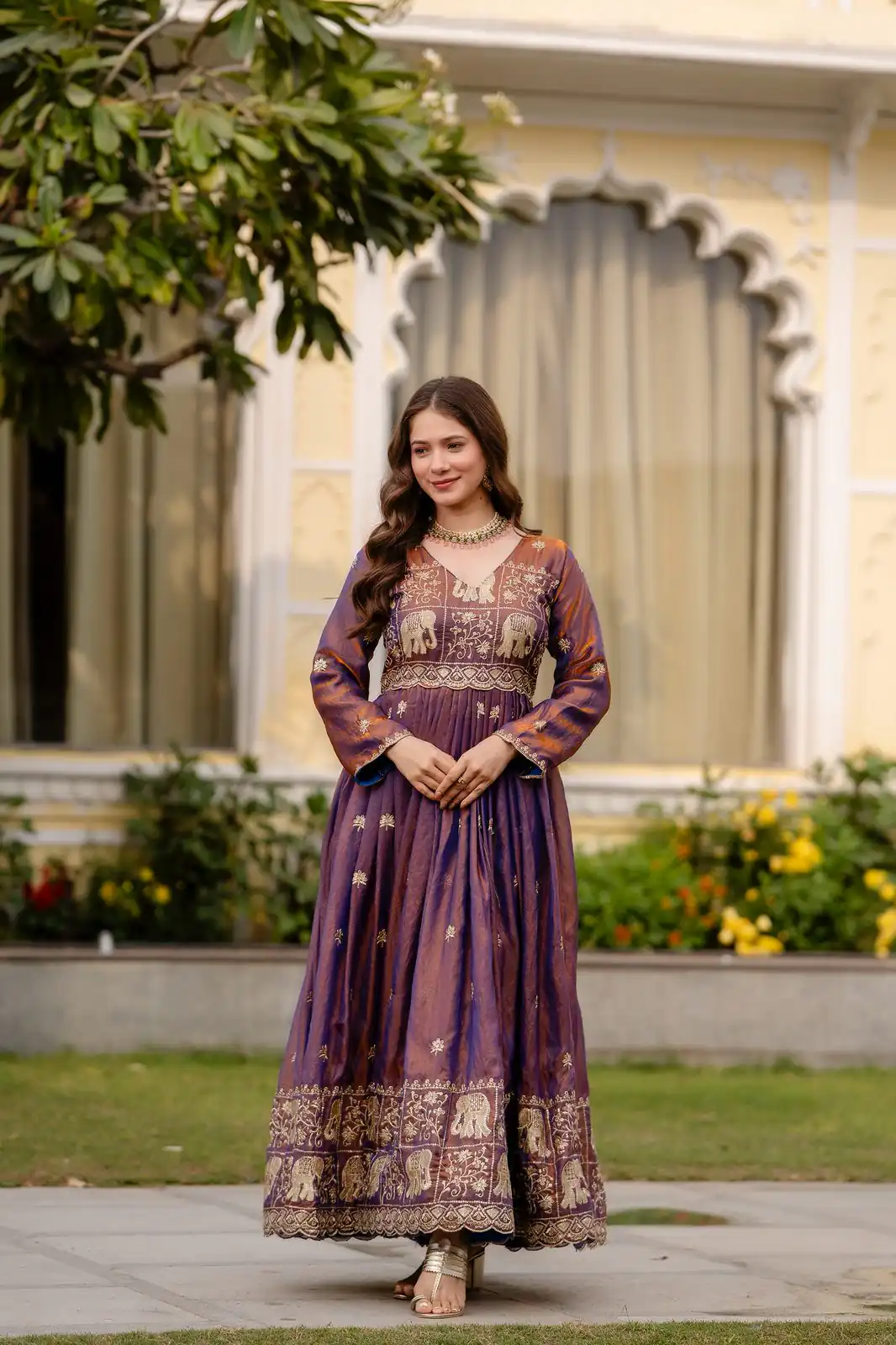 RR 38 Purple Fendy Satin Gown Perfect for Wedding, Party, Pongal, Makar Sankranti, Ganesh Chaturthi – . Available at ₹2649 only. Delivery 4-6 Wor | Bollywood Gowns, Creative Gowns, Designer Gowns, Embroidered Gowns, Gowns, Party Wear Gowns