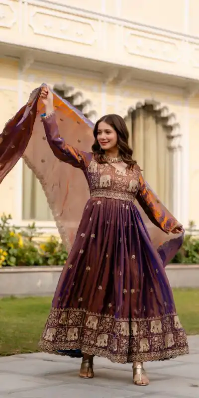 RR 38 Purple Fendy Satin Gown Perfect for Wedding, Party, Pongal, Makar Sankranti, Ganesh Chaturthi – . Available at ₹2649 only. Delivery 4-6 Wor | Bollywood Gowns, Creative Gowns, Designer Gowns, Embroidered Gowns, Gowns, Party Wear Gowns