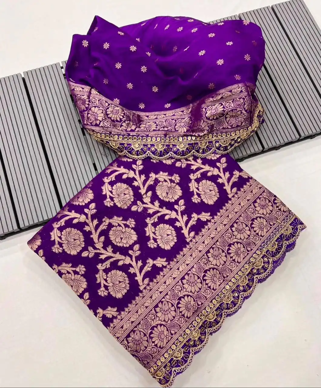 Purple Litchi Silk Embroidery Lace Work Saree - Image 2