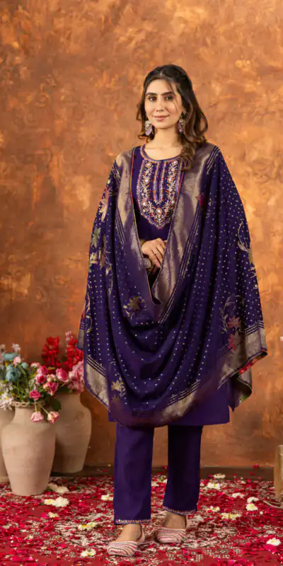 DIVA 103 Purple Marina Silk Salwar Suit with Embroidery Work. Introductory Price ₹2049. Delivery 4-6 Working Days. Shop now. | Casual Suits, Jump Suits, Creative suits, Designer Suits, Palazzo Suits, Party Wear Suits, Patiala Suits, Salwar suit, Straight Suits