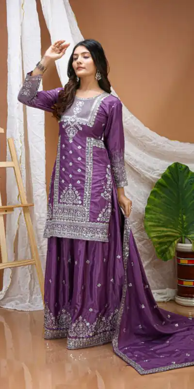 Purple Natural Crap Embroidery Work Salwar Suit