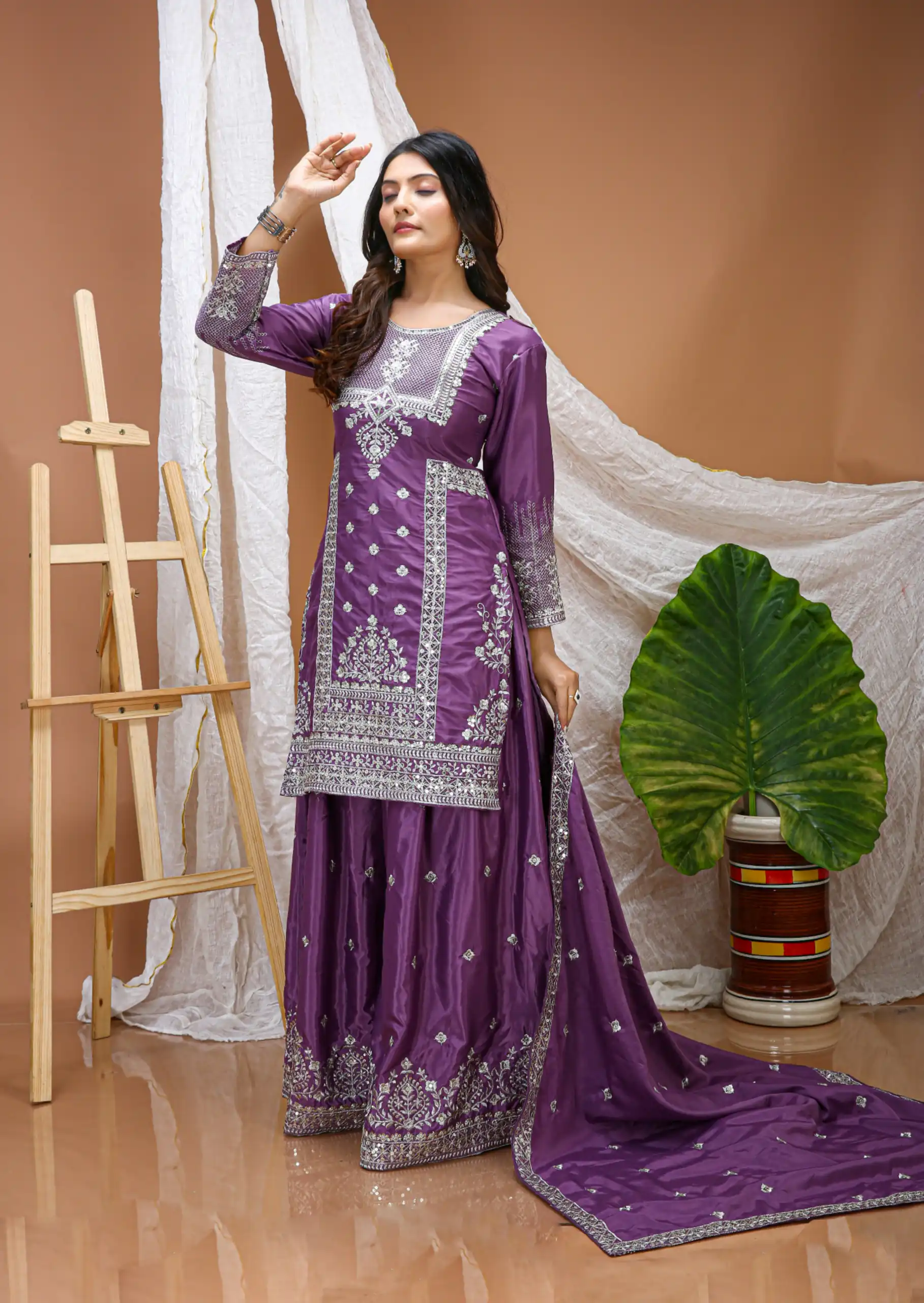 FE 127 Purple Natural Crep Salwar Suit Brown with Embroidery Work. Exclusive Offer ₹2449. Delivery 4-6 Working Days. Shop now. | Casual Suits, Jump Suits, Creative suits, Designer Suits, Palazzo Suits, Party Wear Suits, Patiala Suits, Salwar suit, Straight Suits