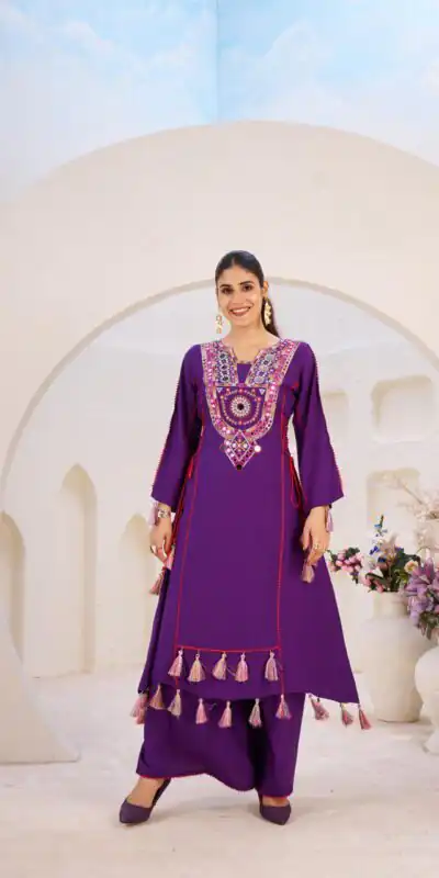 Purple Rayon Cotton Embroidery Mirror Work Salwar Suit