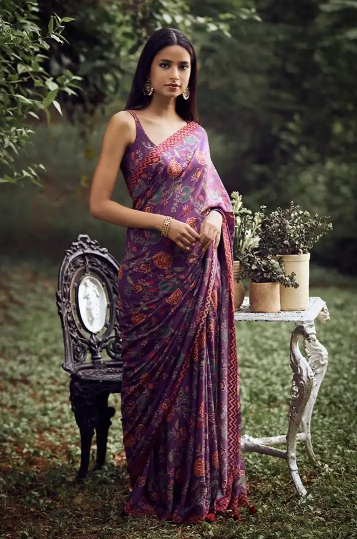 KT 174 Purple Digital Print & Lace Work Saree in Blue Softy Silk. Introductory Price ₹1474. Delivery 4-6 Working Days. Shop now. | Creative Sarees, Bollywood Sarees, Designer Sarees, Embroidered Sarees, Ethnic Saree, Modern Digital sarees, Party Wear Sarees, Sarees