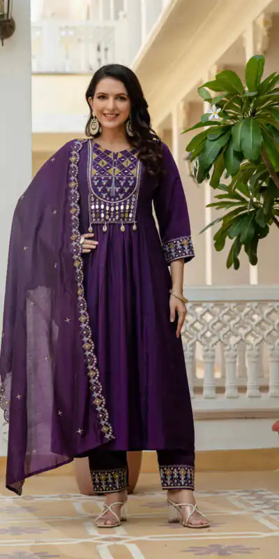 Purple Viscose Roman Silk Mirror Work Anarkali Suit