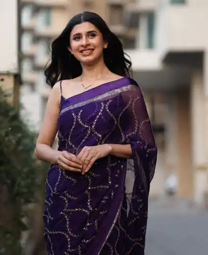 MS 505 Purple Viscose Satin Saree with Sequins Work & Embroidery Work. Special Price ₹1599. Delivery 4-6 Working Days. Shop now. | Creative Sarees, Bollywood Sarees, Designer Sarees, Embroidered Sarees, Ethnic Saree, Modern Digital sarees, Party Wear Sarees, Sarees