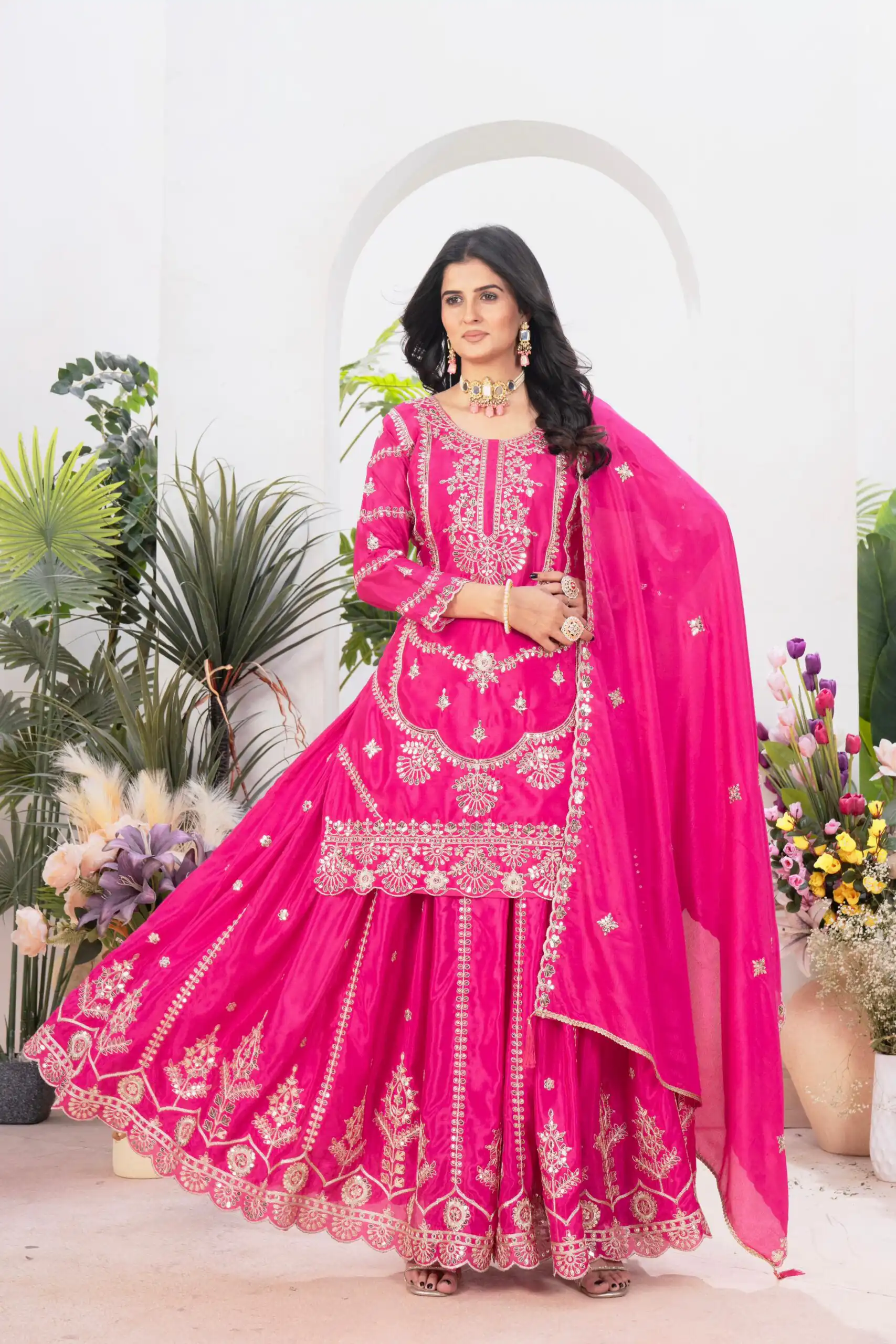 ND 5033 Rani Pink Chinon Silk Salwar Suit with Embroidery Work & Lace Work. Affordable Price ₹2149. Delivery 4-6 Working Days. Shop now. | Casual Suits, Jump Suits, Creative suits, Designer Suits, Palazzo Suits, Party Wear Suits, Patiala Suits, Salwar suit, Straight Suits