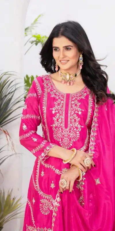 ND 5033 Rani Pink Chinon Silk Salwar Suit with Embroidery Work & Lace Work. Affordable Price ₹2149. Delivery 4-6 Working Days. Shop now. | Casual Suits, Jump Suits, Creative suits, Designer Suits, Palazzo Suits, Party Wear Suits, Patiala Suits, Salwar suit, Straight Suits