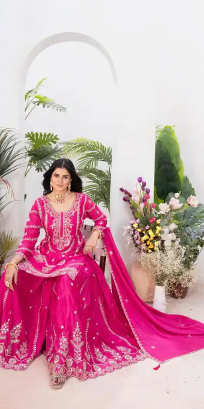 ND 5033 Rani Pink Chinon Silk Salwar Suit with Embroidery Work & Lace Work. Affordable Price ₹2149. Delivery 4-6 Working Days. Shop now. | Casual Suits, Jump Suits, Creative suits, Designer Suits, Palazzo Suits, Party Wear Suits, Patiala Suits, Salwar suit, Straight Suits