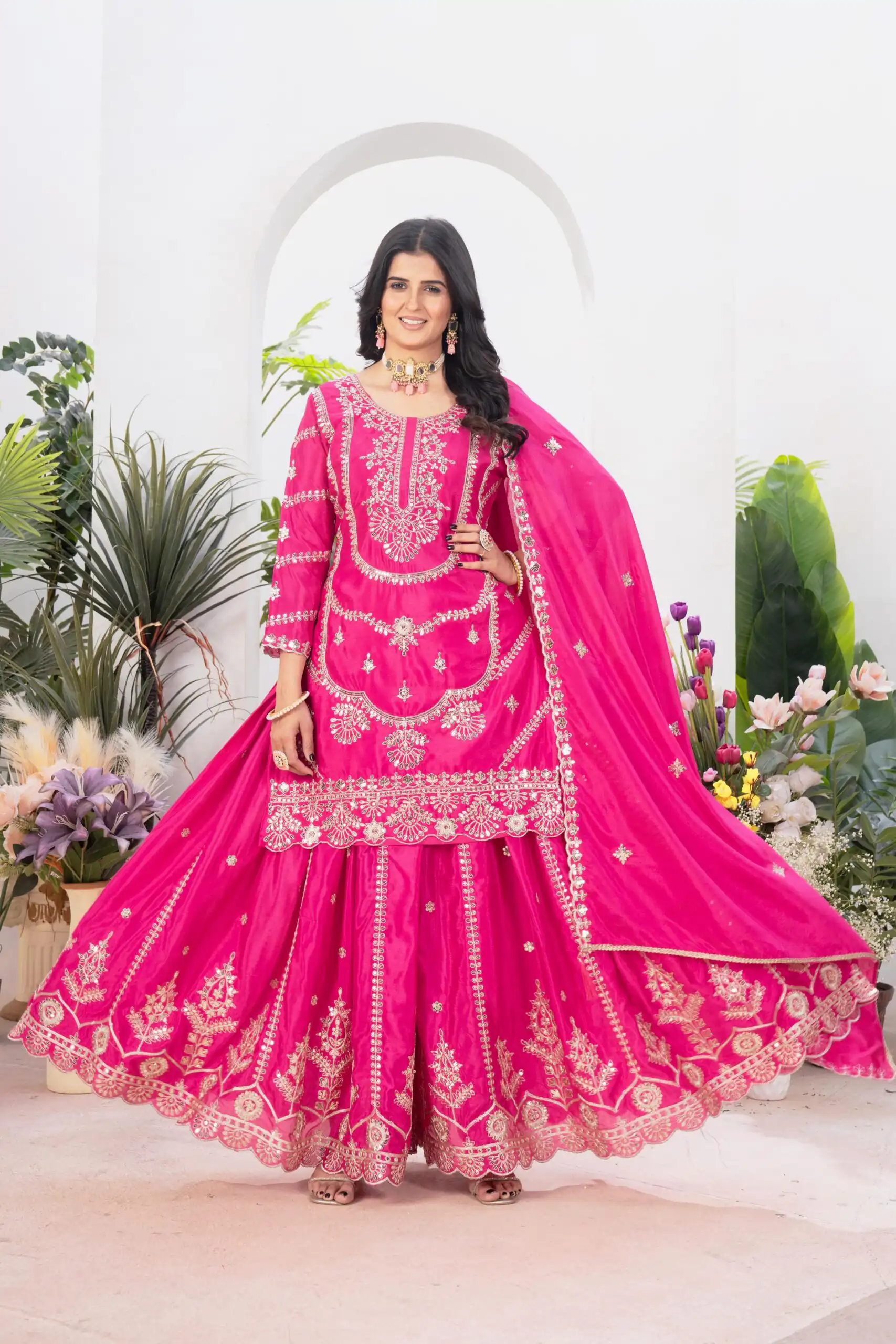 ND 5033 Rani Pink Chinon Silk Salwar Suit with Embroidery Work & Lace Work. Affordable Price ₹2149. Delivery 4-6 Working Days. Shop now. | Casual Suits, Jump Suits, Creative suits, Designer Suits, Palazzo Suits, Party Wear Suits, Patiala Suits, Salwar suit, Straight Suits