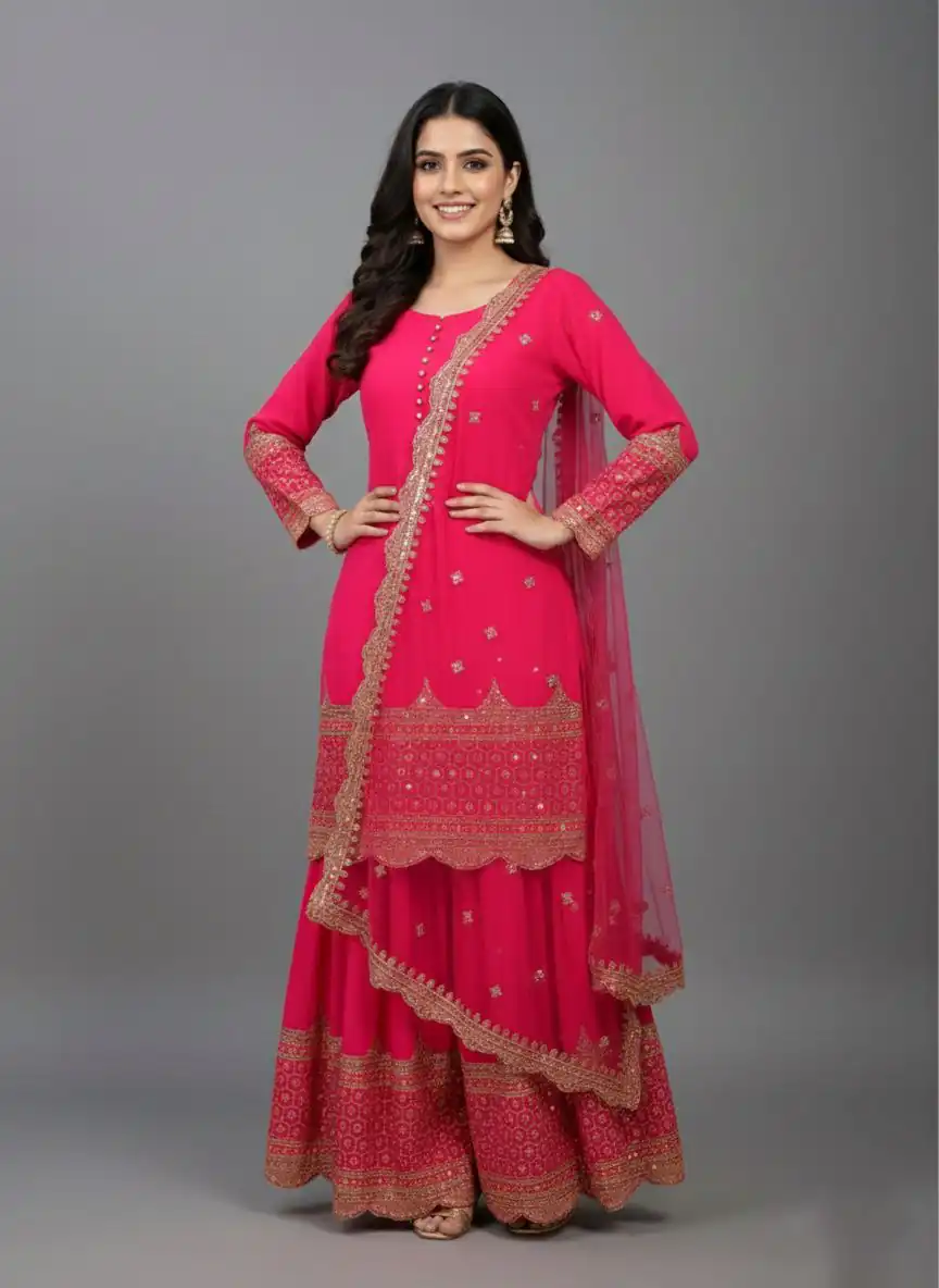 ZF 250 Rani Pink Color Faux Georgette Embroidery Sequence Work Sharara Suit Wedding, Party, Festive, Events Etc. Expected Delivery 4-6 Working Days @2099/- | Casual Suits, Jump Suits, Creative suits, Designer Suits, Palazzo Suits, Party Wear Suits, Patiala Suits, Salwar suit, Straight Suits