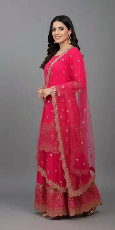 ZF 250 Rani Pink Color Faux Georgette Embroidery Sequence Work Sharara Suit Wedding, Party, Festive, Events Etc. Expected Delivery 4-6 Working Days @2099/- | Casual Suits, Jump Suits, Creative suits, Designer Suits, Palazzo Suits, Party Wear Suits, Patiala Suits, Salwar suit, Straight Suits