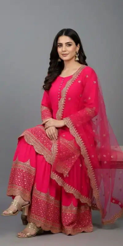 ZF 250 Rani Pink Color Faux Georgette Embroidery Sequence Work Sharara Suit Wedding, Party, Festive, Events Etc. Expected Delivery 4-6 Working Days @2099/- | Casual Suits, Jump Suits, Creative suits, Designer Suits, Palazzo Suits, Party Wear Suits, Patiala Suits, Salwar suit, Straight Suits