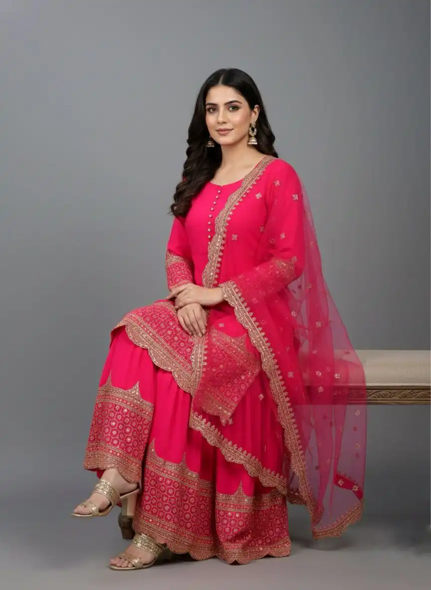 ZF 250 Rani Pink Color Faux Georgette Embroidery Sequence Work Sharara Suit Wedding, Party, Festive, Events Etc. Expected Delivery 4-6 Working Days @2099/- | Casual Suits, Jump Suits, Creative suits, Designer Suits, Palazzo Suits, Party Wear Suits, Patiala Suits, Salwar suit, Straight Suits