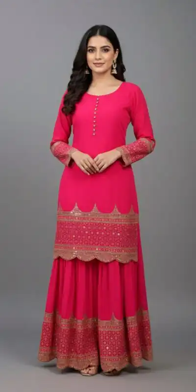 ZF 250 Rani Pink Color Faux Georgette Embroidery Sequence Work Sharara Suit Wedding, Party, Festive, Events Etc. Expected Delivery 4-6 Working Days @2099/- | Casual Suits, Jump Suits, Creative suits, Designer Suits, Palazzo Suits, Party Wear Suits, Patiala Suits, Salwar suit, Straight Suits