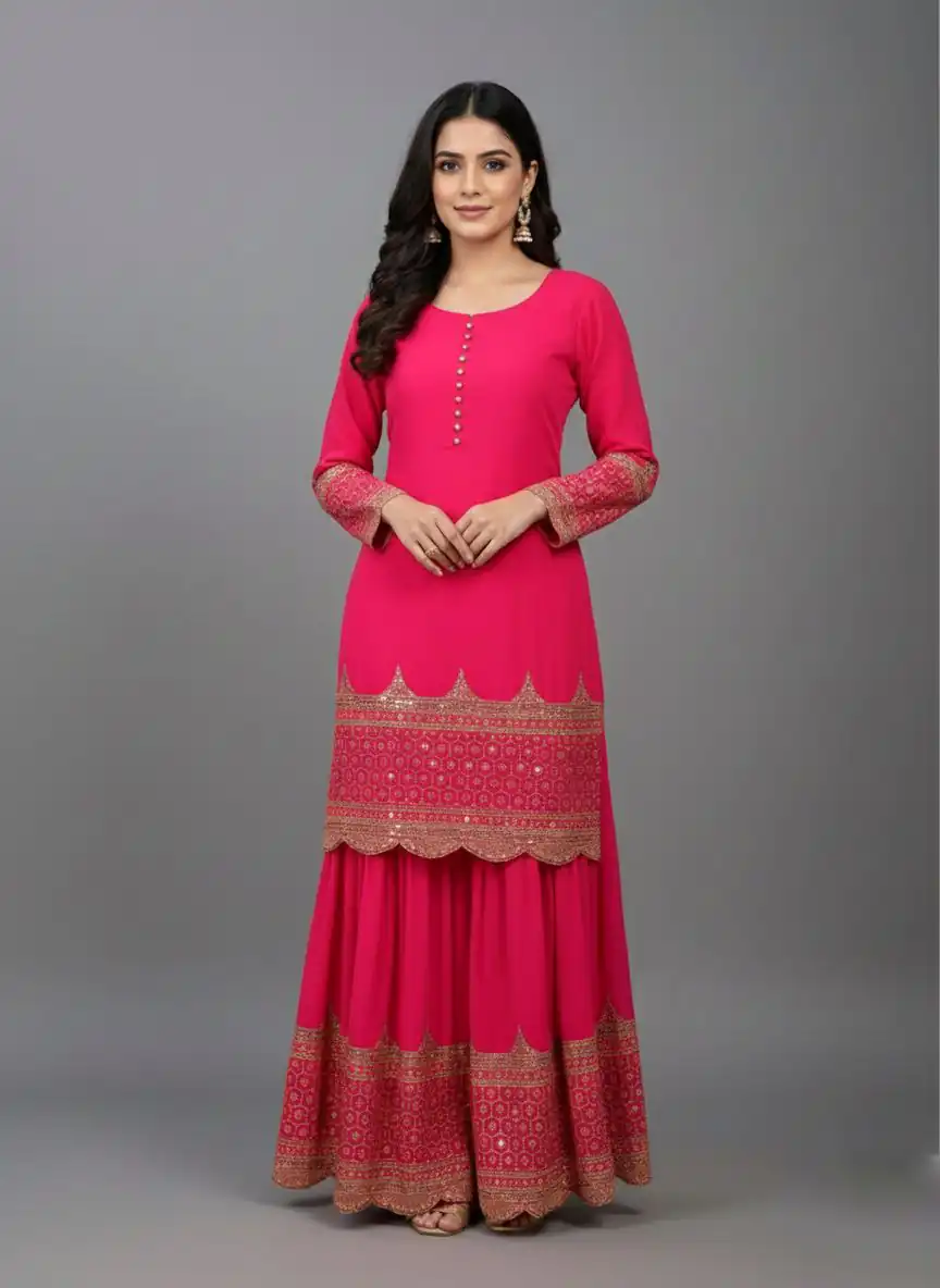 ZF 250 Rani Pink Color Faux Georgette Embroidery Sequence Work Sharara Suit Wedding, Party, Festive, Events Etc. Expected Delivery 4-6 Working Days @2099/- | Casual Suits, Jump Suits, Creative suits, Designer Suits, Palazzo Suits, Party Wear Suits, Patiala Suits, Salwar suit, Straight Suits