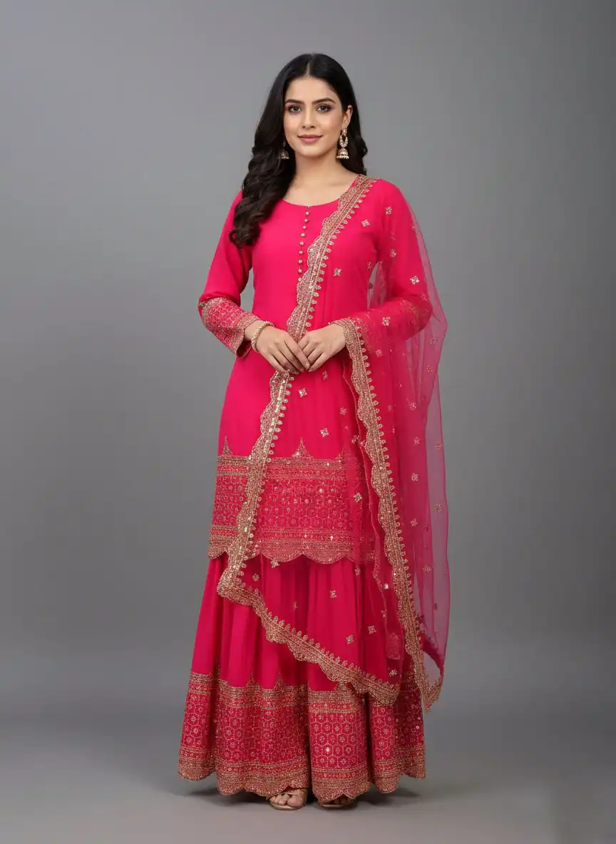 ZF 250 Rani Pink Color Faux Georgette Embroidery Sequence Work Sharara Suit Wedding, Party, Festive, Events Etc. Expected Delivery 4-6 Working Days @2099/- | Casual Suits, Jump Suits, Creative suits, Designer Suits, Palazzo Suits, Party Wear Suits, Patiala Suits, Salwar suit, Straight Suits