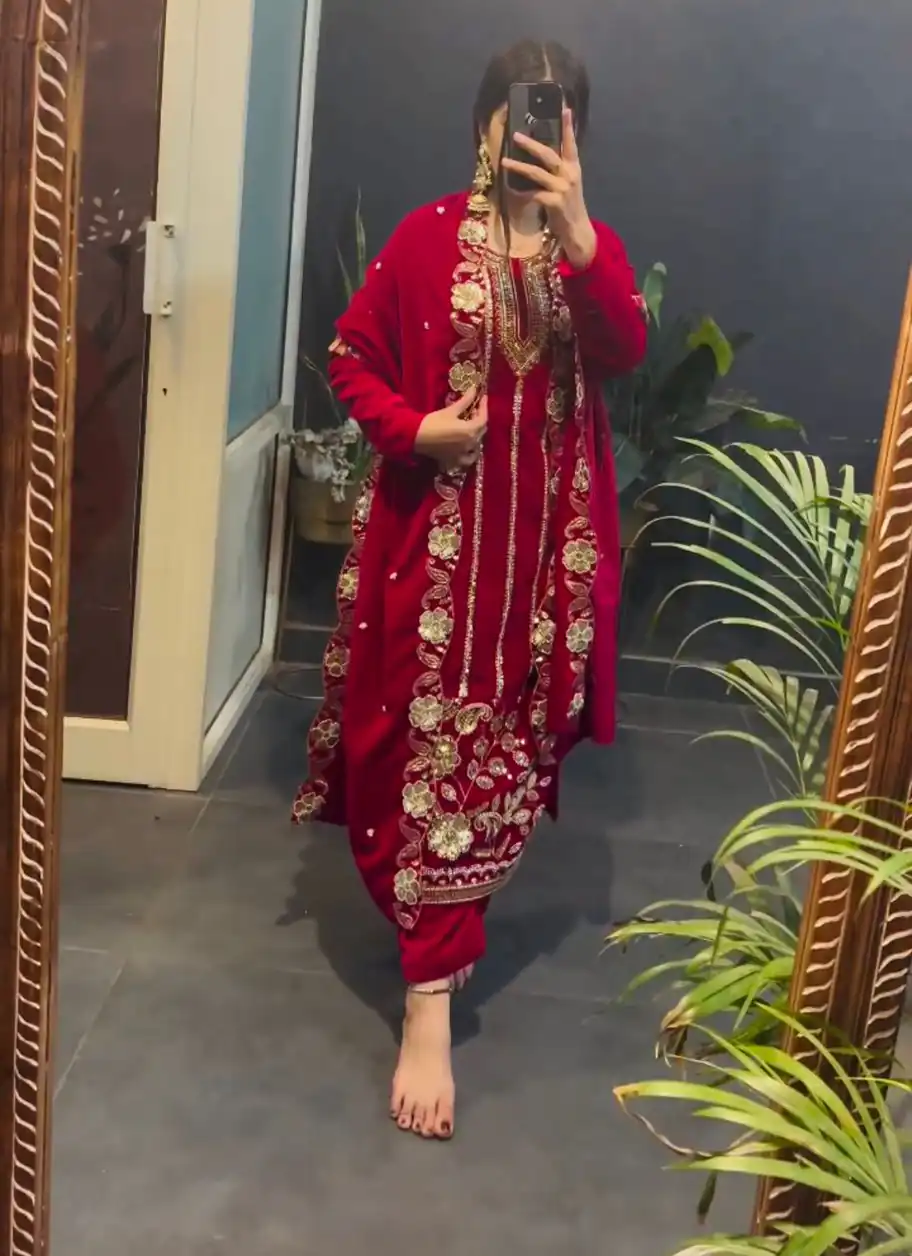 ST 1134 Red 9000 Velvet Salwar Suit with Lace Work & Embroidery Work. Available at ₹2099 only. Delivery 4-6 Working Days. Shop now. | Casual Suits, Jump Suits, Creative suits, Designer Suits, Palazzo Suits, Party Wear Suits, Patiala Suits, Salwar suit, Straight Suits