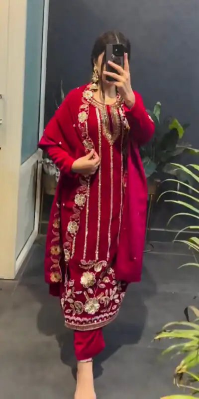 ST 1134 Red 9000 Velvet Salwar Suit with Lace Work & Embroidery Work. Available at ₹2099 only. Delivery 4-6 Working Days. Shop now. | Casual Suits, Jump Suits, Creative suits, Designer Suits, Palazzo Suits, Party Wear Suits, Patiala Suits, Salwar suit, Straight Suits