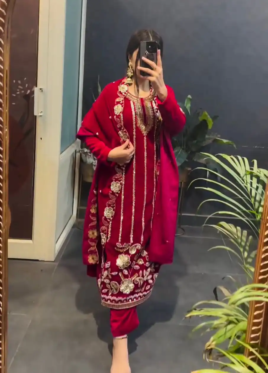 ST 1134 Red 9000 Velvet Salwar Suit with Lace Work & Embroidery Work. Available at ₹2099 only. Delivery 4-6 Working Days. Shop now. | Casual Suits, Jump Suits, Creative suits, Designer Suits, Palazzo Suits, Party Wear Suits, Patiala Suits, Salwar suit, Straight Suits
