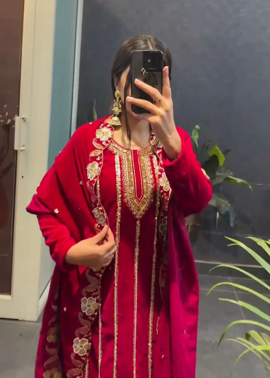 ST 1134 Red 9000 Velvet Salwar Suit with Lace Work & Embroidery Work. Available at ₹2099 only. Delivery 4-6 Working Days. Shop now. | Casual Suits, Jump Suits, Creative suits, Designer Suits, Palazzo Suits, Party Wear Suits, Patiala Suits, Salwar suit, Straight Suits