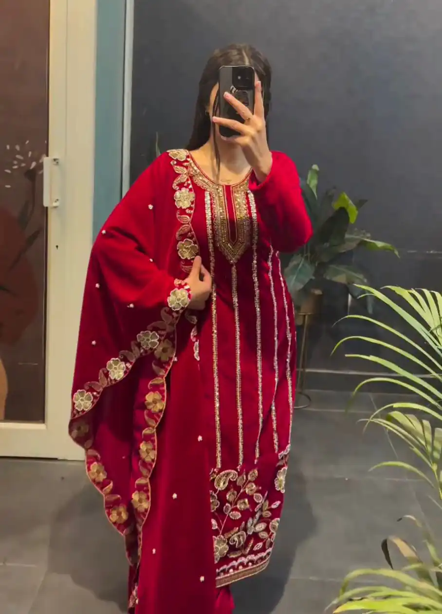ST 1134 Red 9000 Velvet Salwar Suit with Lace Work & Embroidery Work. Available at ₹2099 only. Delivery 4-6 Working Days. Shop now. | Casual Suits, Jump Suits, Creative suits, Designer Suits, Palazzo Suits, Party Wear Suits, Patiala Suits, Salwar suit, Straight Suits