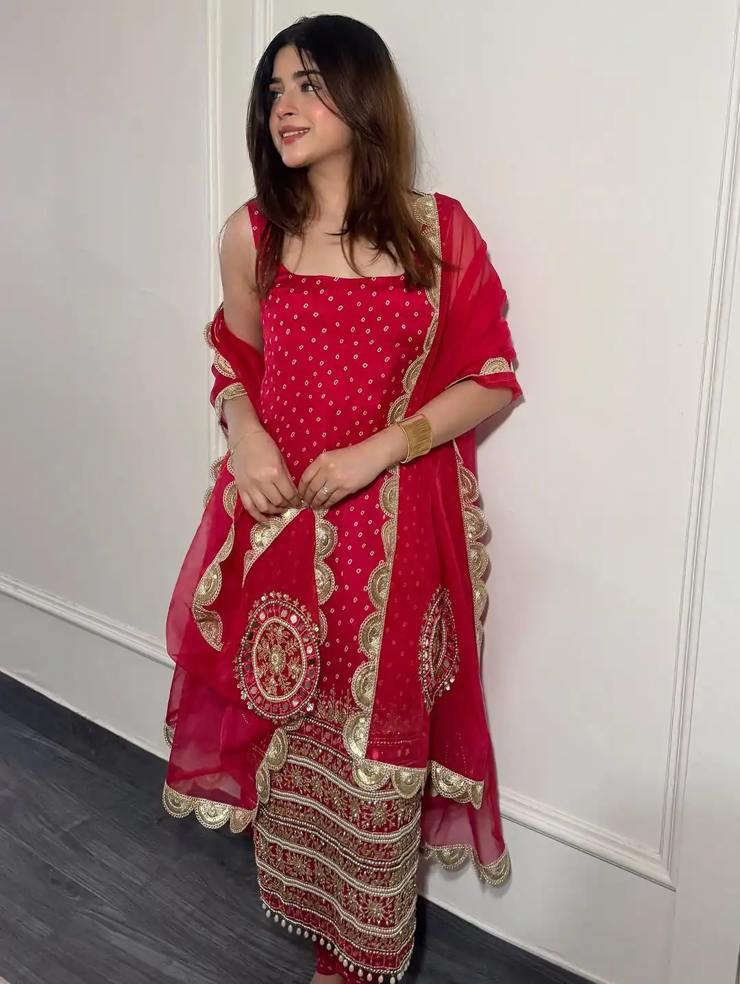 Red Faux Georgette Mirror Embroidery Work Salwar Suit - Image 2