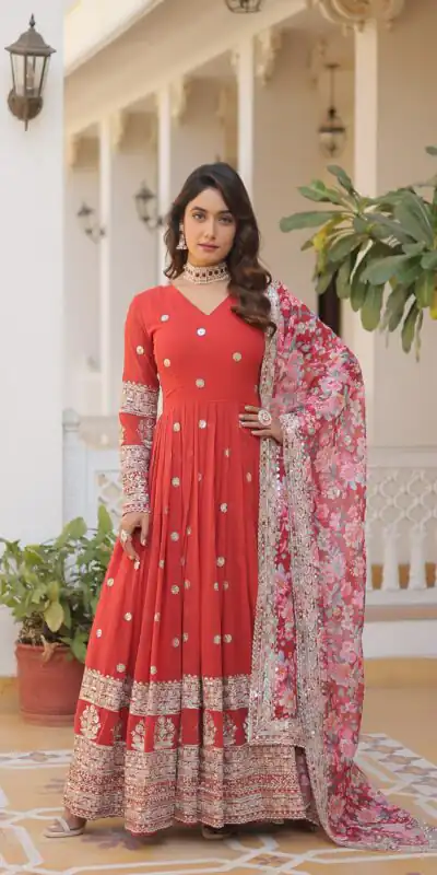 KA 1078 Red Faux Georgette Gown Perfect for Wedding, Party, Makar Sankranti, Karwa Chauth, Ethnic Day – . Now at just ₹3349. Delivery 4-6 Working D | Bollywood Gowns, Creative Gowns, Designer Gowns, Embroidered Gowns, Gowns, Party Wear Gowns