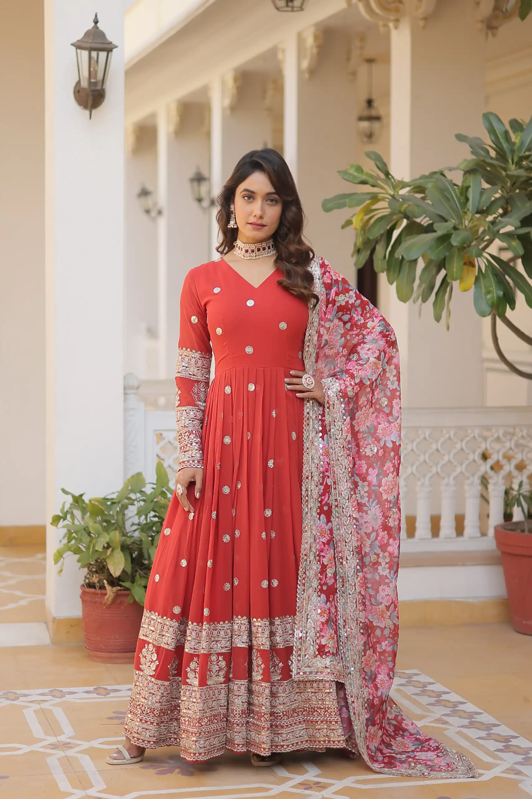 KA 1078 Red Faux Georgette Gown Perfect for Wedding, Party, Makar Sankranti, Karwa Chauth, Ethnic Day – . Now at just ₹3349. Delivery 4-6 Working D | Bollywood Gowns, Creative Gowns, Designer Gowns, Embroidered Gowns, Gowns, Party Wear Gowns