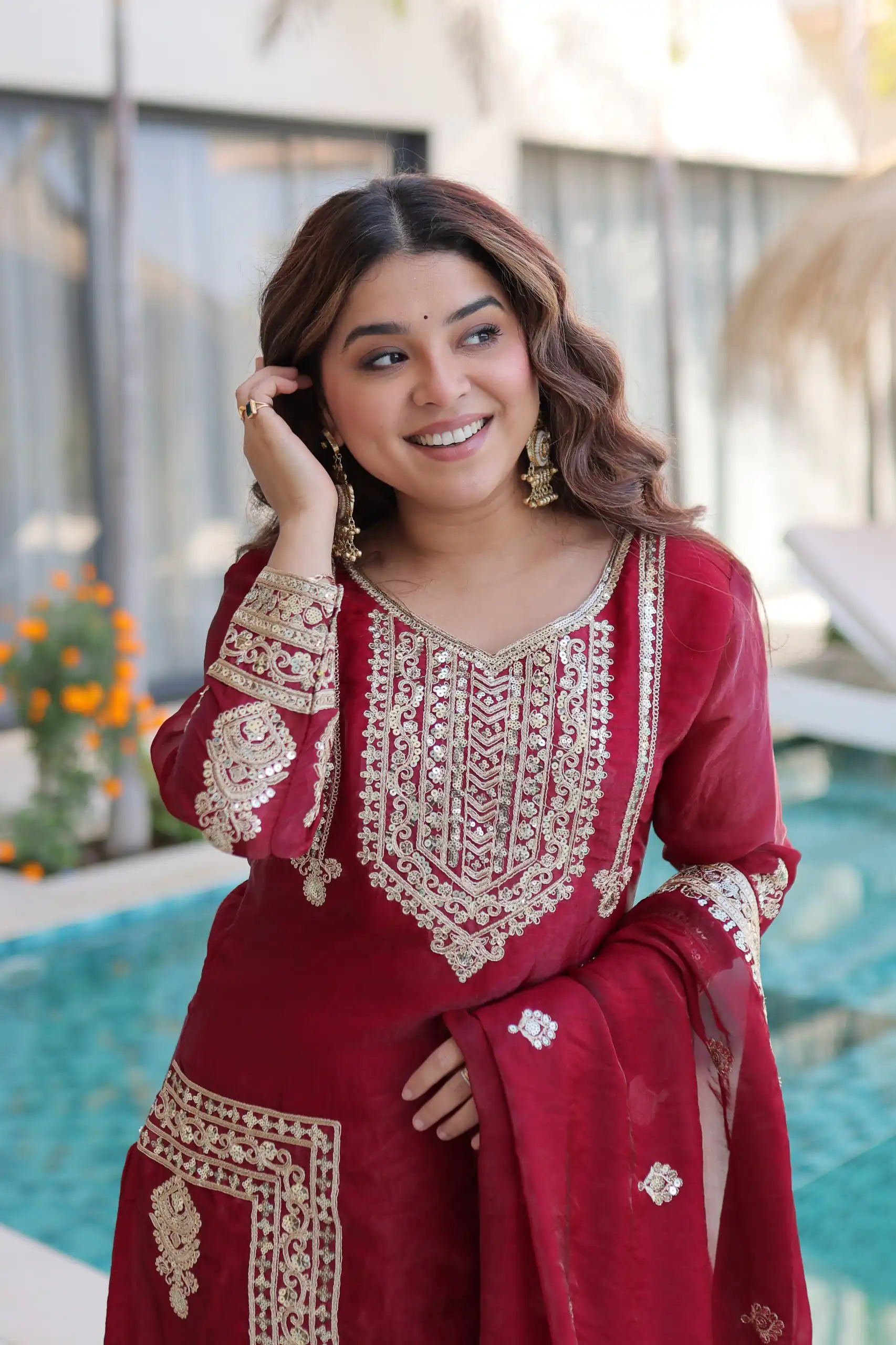 Red Fendi Silk Embroidery Sequins Work Salwar Suit - Image 2