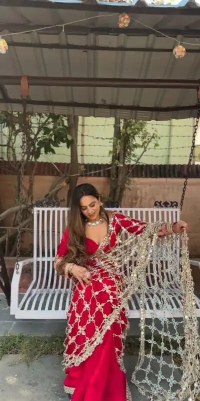 SRK 5322 Red Fendy Silk Saree with Lace Work & Mirror Work. Wedding, Party, Festive, Events, Festive Deal ₹2499. Delivery 4-6 Working Days. Shop now. | Bollywood Sarees, Creative Sarees, Designer Sarees, Embroidered Sarees, Ethnic Saree, Modern Digital sarees, Party Wear Sarees, Sarees