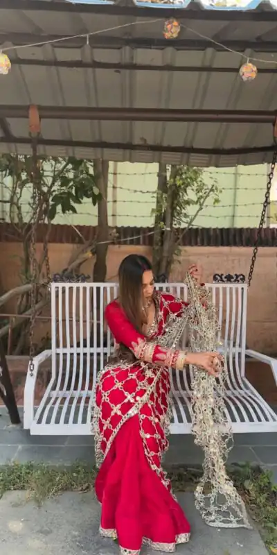 SRK 5322 Red Fendy Silk Saree with Lace Work & Mirror Work. Wedding, Party, Festive, Events, Festive Deal ₹2499. Delivery 4-6 Working Days. Shop now. | Bollywood Sarees, Creative Sarees, Designer Sarees, Embroidered Sarees, Ethnic Saree, Modern Digital sarees, Party Wear Sarees, Sarees