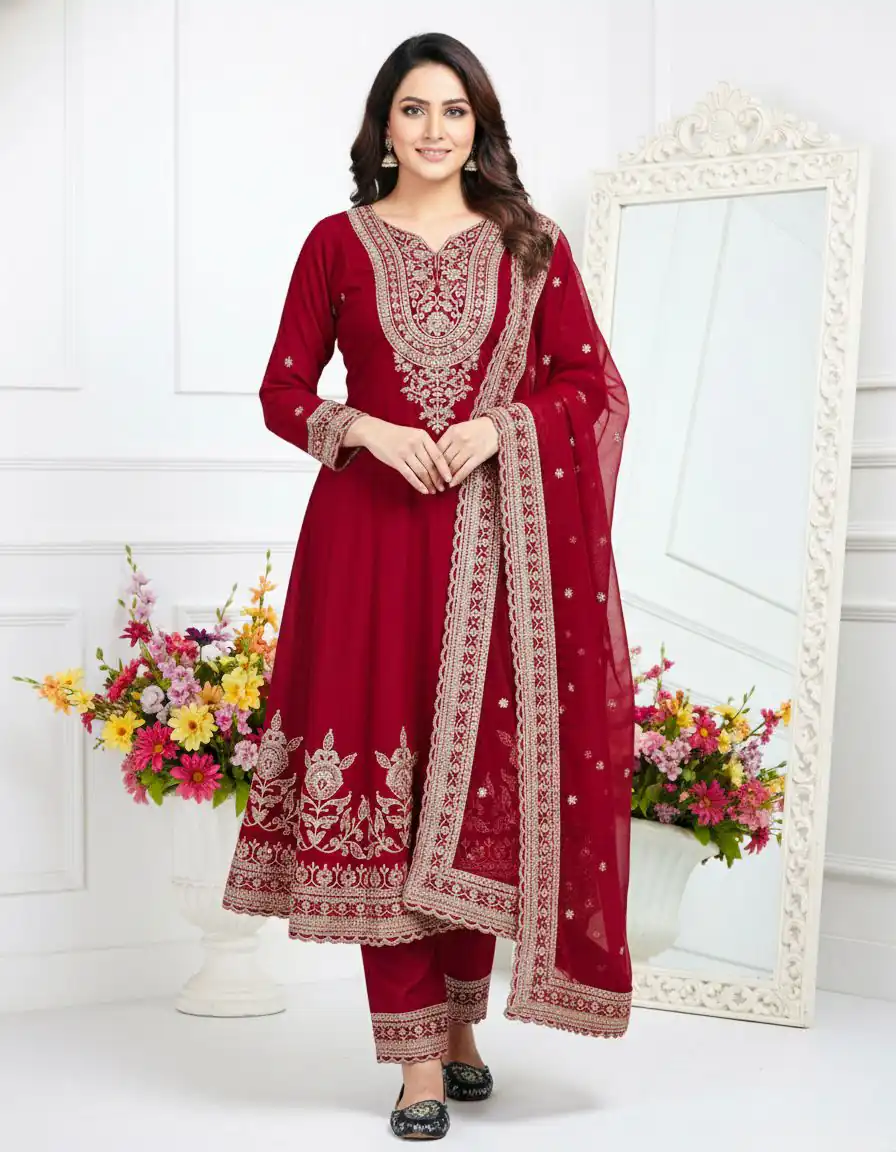 Red Georgette Sequences Lace Work Salwar Suit - Image 2