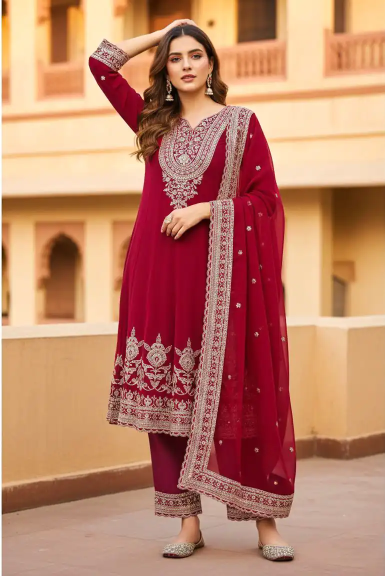 Red Georgette Sequences Lace Work Salwar Suit
