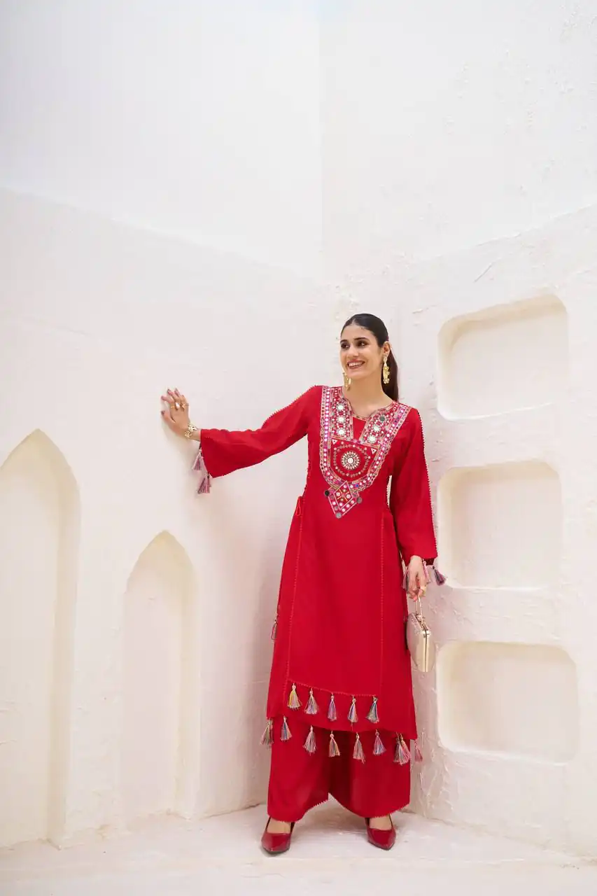 MF 912 Red in Rayon Cotton Embroidery & Mirror Work Salwar Suit . Introductory Price ₹1899. Delivery 4-6 Working Days. Shop now. | Casual Suits, Jump Suits, Creative suits, Designer Suits, Palazzo Suits, Party Wear Suits, Patiala Suits, Salwar suit, Straight Suits