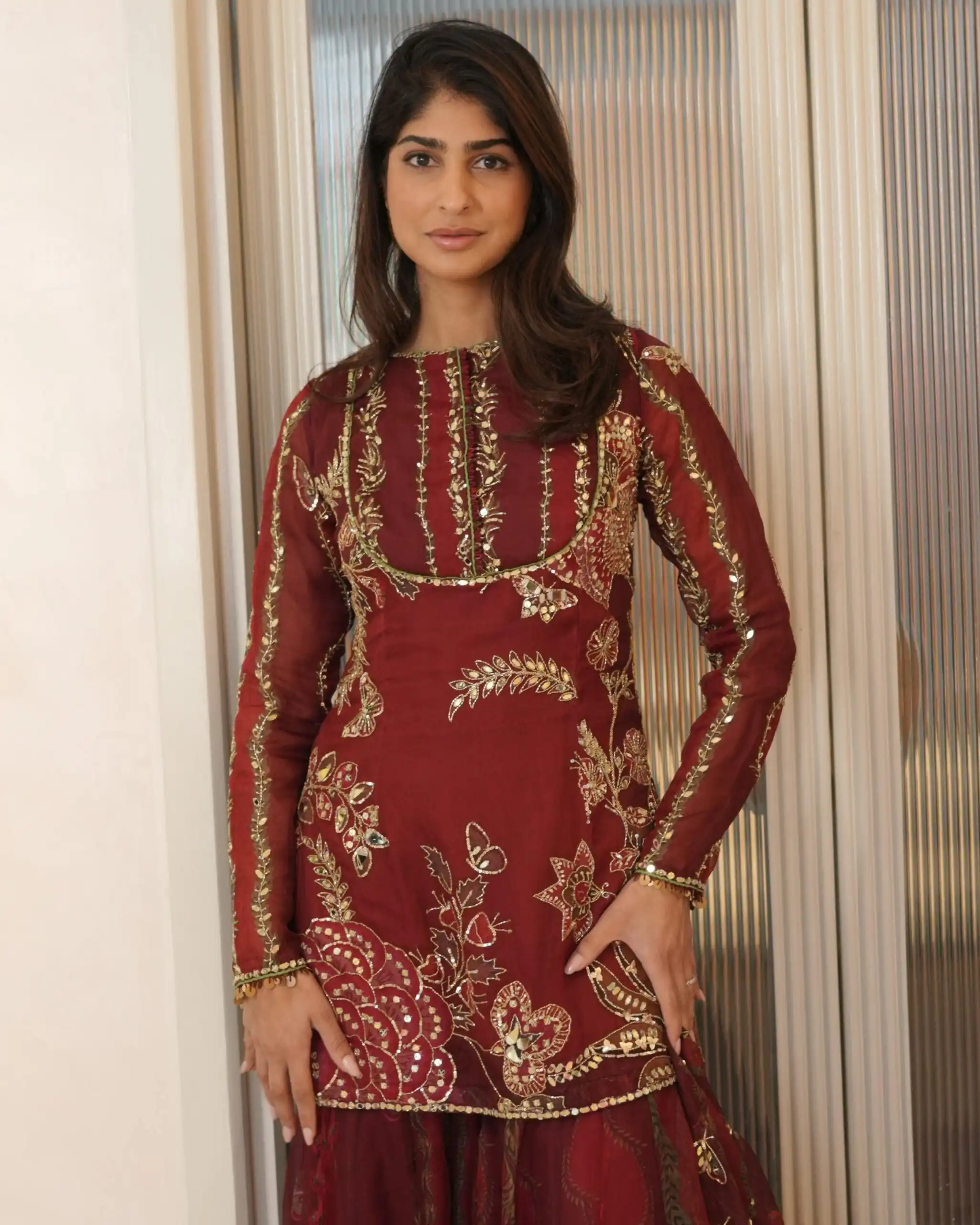 Red Soft Organza Embroidery Mirror Work Salwar Suit - Image 5