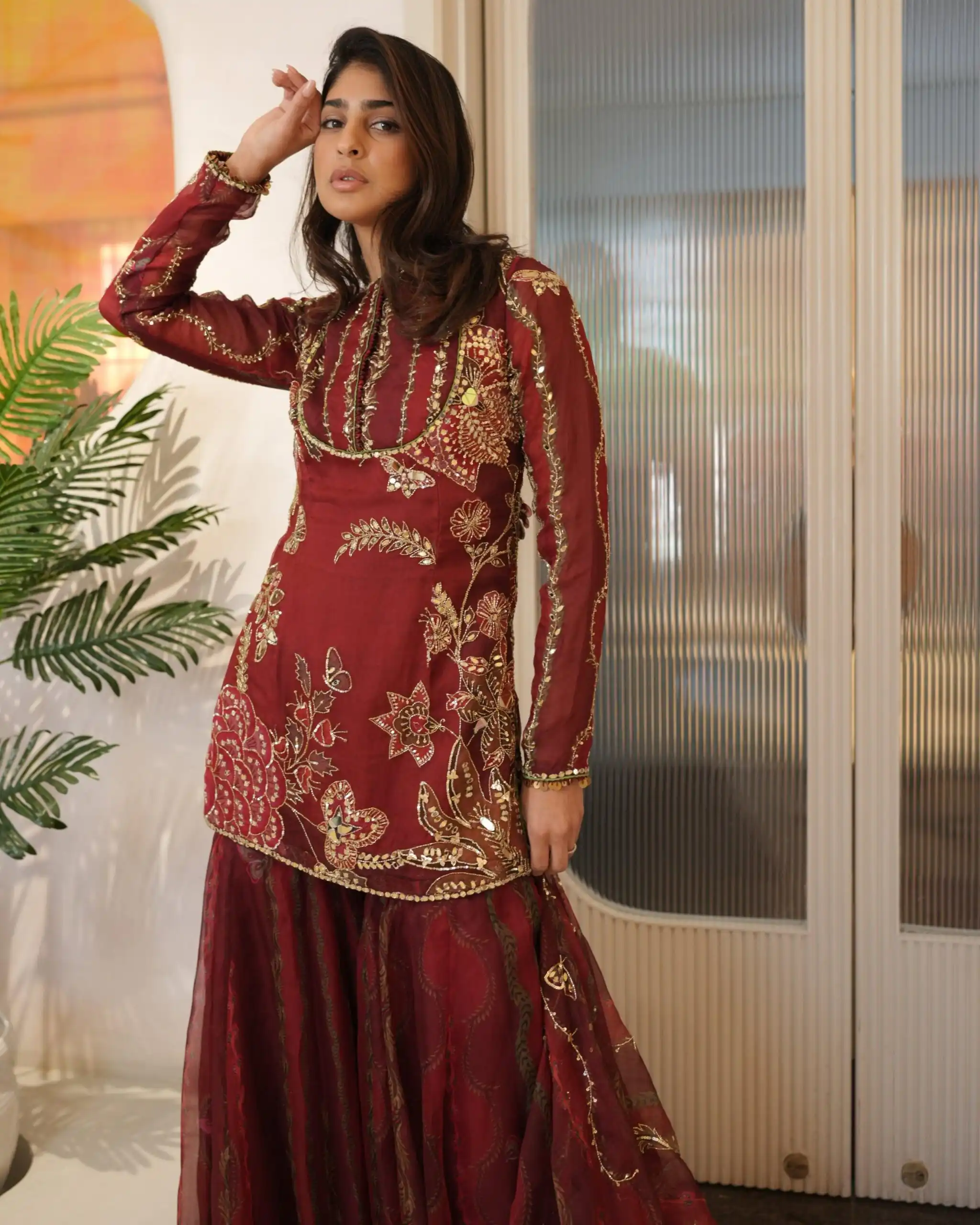 Red Soft Organza Embroidery Mirror Work Salwar Suit - Image 7