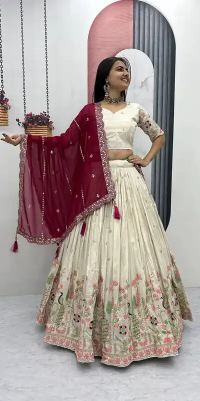 PC 546 Red Tissue Silk Lehenga Choli with Lace Work & Cut Work. Wedding, Party, Festive, Events Only 3249 Delivery 4-6 Working Days. Shop now. | Bollywood Lehenga, Creative Lehenga, Designer Lehenga, Embroidered Lehenga, Lehenga, Party Wear Lehenga