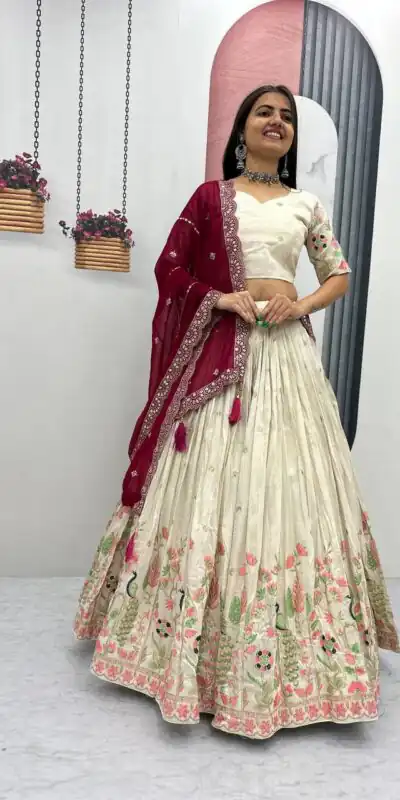 PC 546 Red Tissue Silk Lehenga Choli with Lace Work & Cut Work. Wedding, Party, Festive, Events Only 3249 Delivery 4-6 Working Days. Shop now. | Bollywood Lehenga, Creative Lehenga, Designer Lehenga, Embroidered Lehenga, Lehenga, Party Wear Lehenga