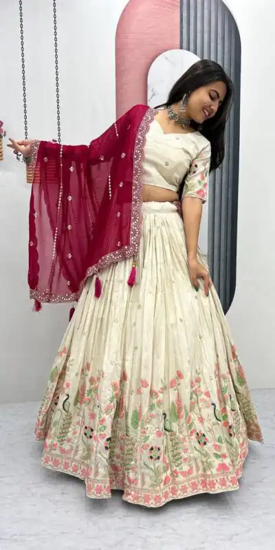 PC 546 Red Tissue Silk Lehenga Choli with Lace Work & Cut Work. Wedding, Party, Festive, Events Only 3249 Delivery 4-6 Working Days. Shop now. | Bollywood Lehenga, Creative Lehenga, Designer Lehenga, Embroidered Lehenga, Lehenga, Party Wear Lehenga