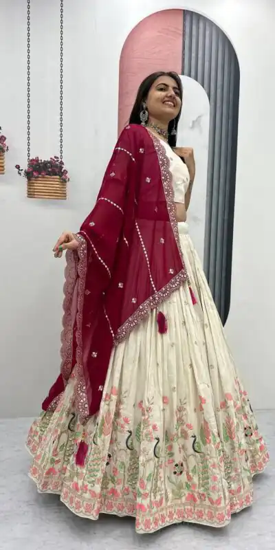 PC 546 Red Tissue Silk Lehenga Choli with Lace Work & Cut Work. Wedding, Party, Festive, Events Only 3249 Delivery 4-6 Working Days. Shop now. | Bollywood Lehenga, Creative Lehenga, Designer Lehenga, Embroidered Lehenga, Lehenga, Party Wear Lehenga