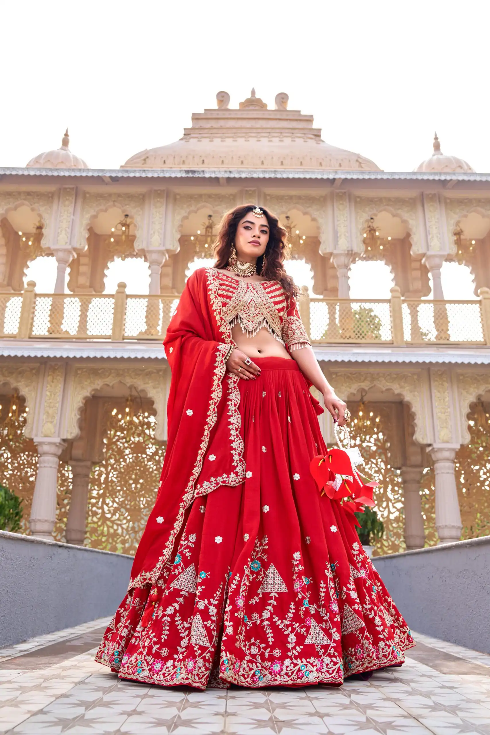 Red Vichitra Silk Thread Embroider Work Lehenga Choli