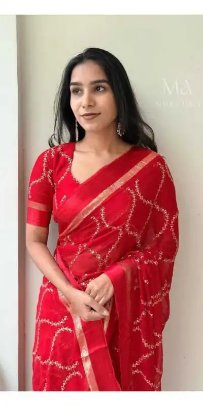 MS 505 Red Viscose Satin Saree with Sequins Work & Embroidery Work. Special Price ₹1599. Delivery 4-6 Working Days. Shop now. | Creative Sarees, Bollywood Sarees, Designer Sarees, Embroidered Sarees, Ethnic Saree, Modern Digital sarees, Party Wear Sarees, Sarees