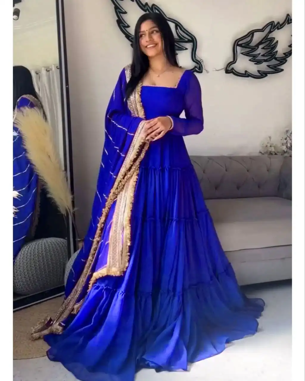 KD 1539 Royal Blue Faux Georgette Ruffle Style Gown. Wedding, Party, Festive, Events Grab it for ₹2099. Delivery 4-6 Working Days. Shop now. | Bollywood Gowns, Creative Gowns, Designer Gowns, Embroidered Gowns, Gowns, Party Wear Gowns